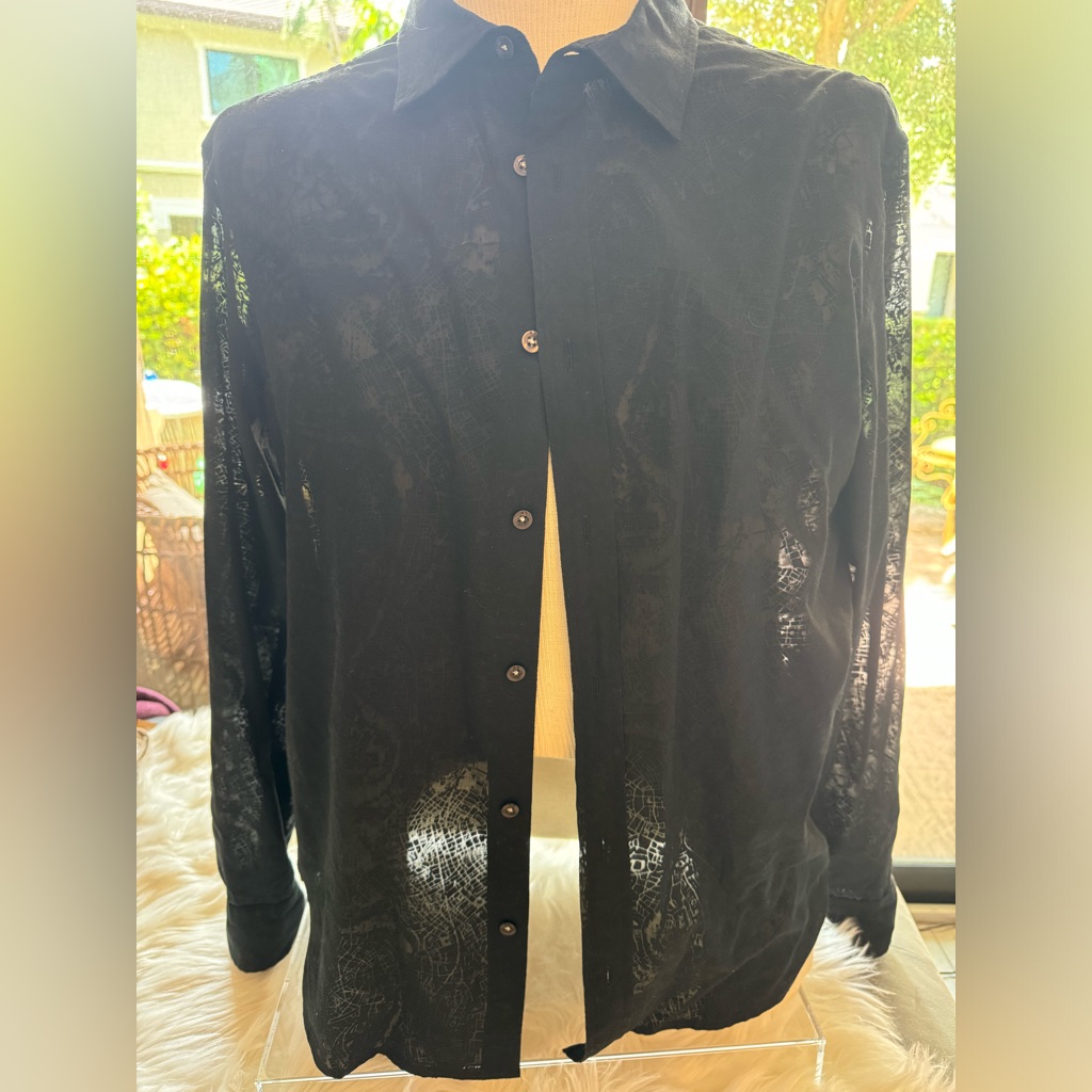 Armani Exchange Long Sleeve Sheer With Design In Black Shirt, Size Large